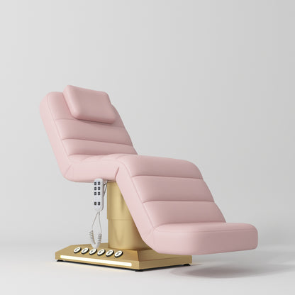 Pink massage chair with gold base on a light gray background