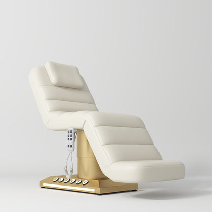 Massage chair with beige cushioned seat and gold base on a white background