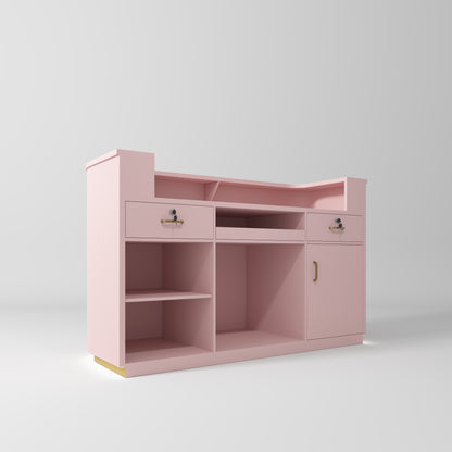 Pink vanity with gold accents and led lighting on a light grey background