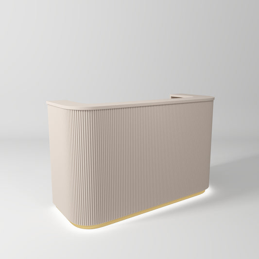 premium cream salon reception desk with gold accents and LED lighting in modern salon interior